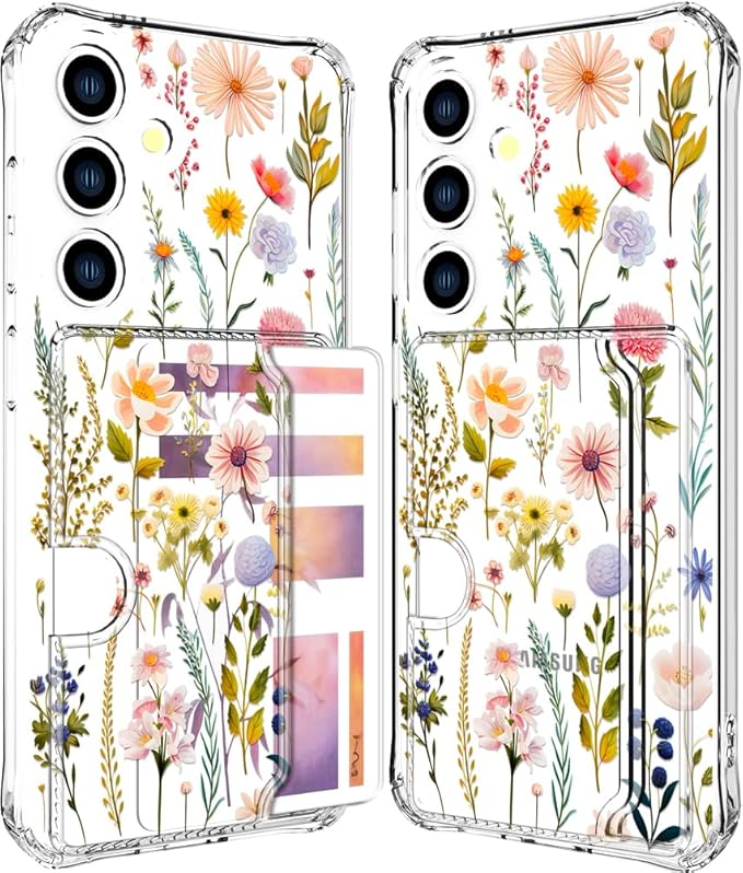 Compatible with Samsung Galaxy S24+ Plus / S25+ Plus Case Card Holder for Women Cute Design,Wallet Phone Cases Transparent Cool Kawaii Protective (Clear Watercolor Floral)