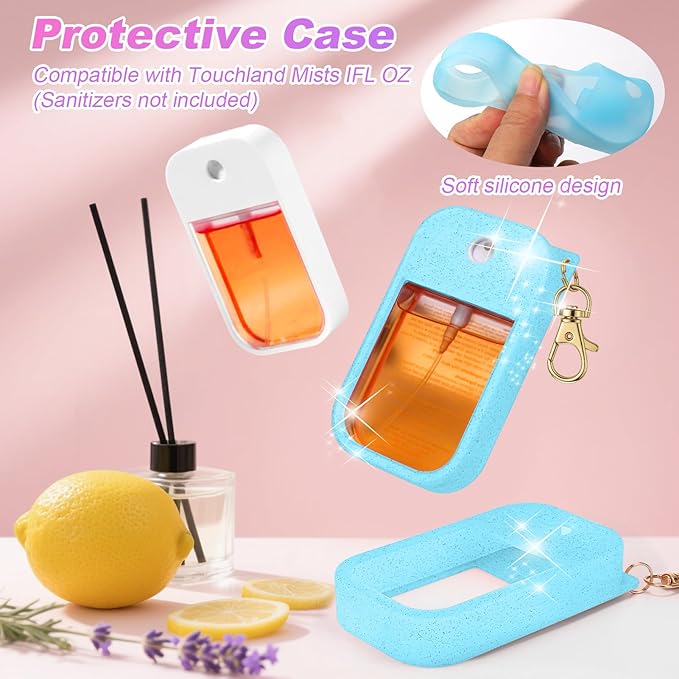 AIERSA Hand Sanitizer Spray Glitter Case Compatible with Touchland, Silicone Hand Sanitizer Case Holder with Keychain for Touch Land Mist 1FL. OZ(Glitter Sequin Blue)