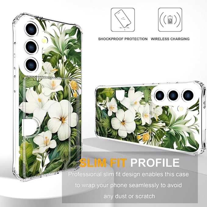 Compatible with Samsung Galaxy S24 / S25 Case Card Holder for Women Cute Design,Wallet Phone Cases Transparent Cool Kawaii Protective (Clear Green Flowers Tropical Jungle)