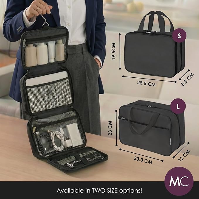 Travel Toiletry Bag for Men & Women, Large Capacity Makeup Organizer & Cosmetic Bag, Water-Resistant Portable Essentials Case with Metal Hook & Carry Handle - Perfect for Travel Use (Black, Large)