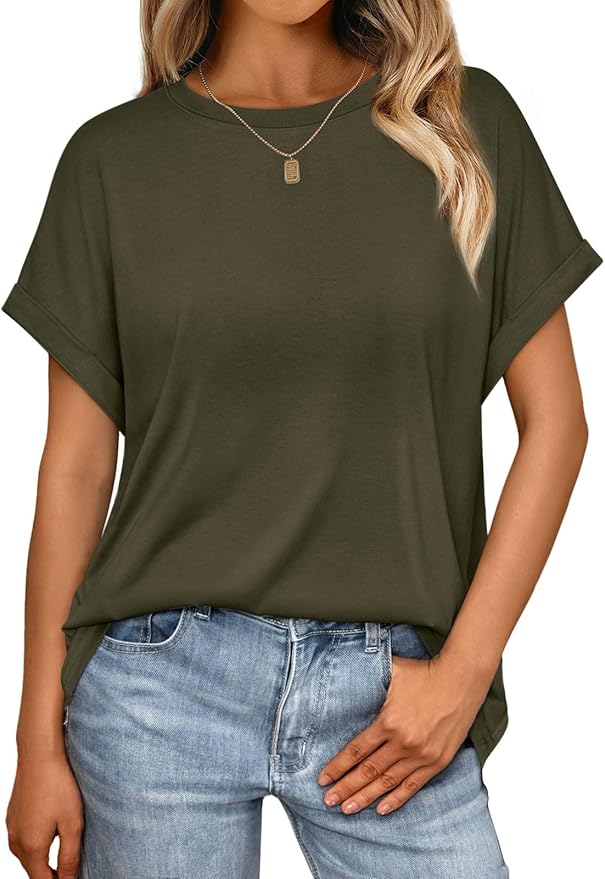 AUTOMET Women's Oversized Short Sleeve T Shirts Casual Drop Shoulder Rolled Cuff Summer Tops for Work, Travel and Lounge
