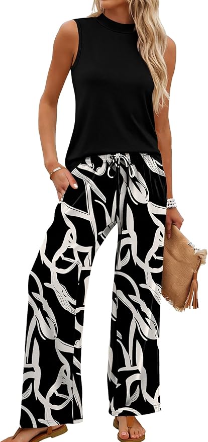 WIHOLL Two Piece Set for Women Summer Spring Outfits Cruise Travel Airport Beach Vacation Mock Neck Wide Leg Pants Set