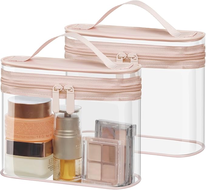 PACKISM TSA Approved Toiletry Bag 2 Pack - Quart Size Clear Makeup Bag with Handle & Dual Metal Zippers, Large Opening 3-1-1 Airline Compliant Security Travel Organizer for Carry On Liquids, Pink