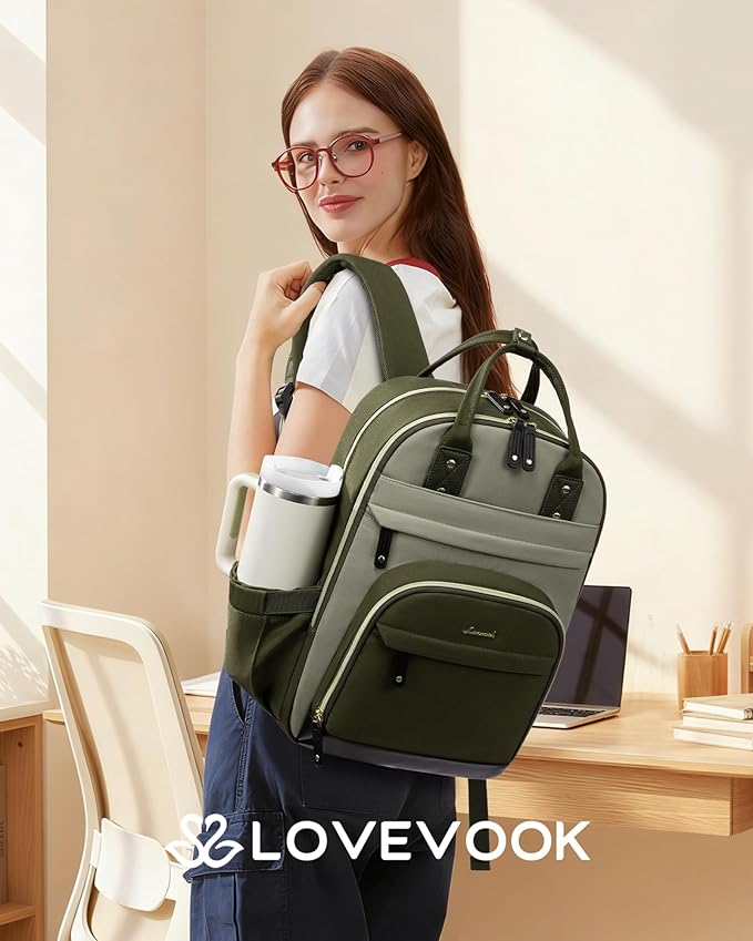 LOVEVOOK Laptop Backpack for Women with Giant Tumbler Holder Pocket,18.4 inch School College Book Bag Nurse Teacher Backpack,Work Travel Backpack Laptop Computer Bag,Olive green-Bean green-Kelp green