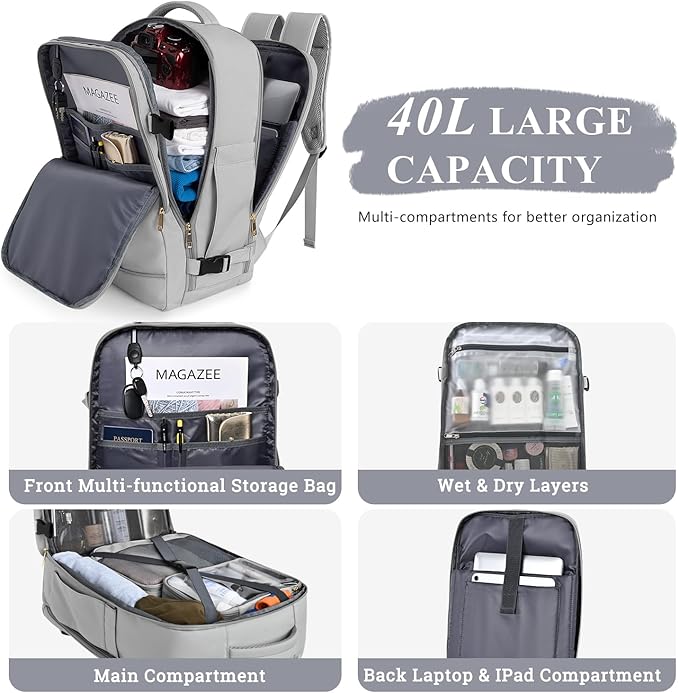 Sinaliy Travel Backpack, 40L 17 inch Laptop Travel Backpack Carry on Flight Approved, Personal Item Travel Bag, Waterproof Backpack for College, Business, Weekend, Work, Gray