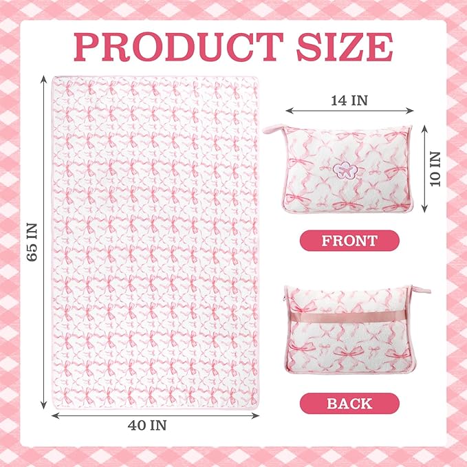 Gilprop Pink Bow Travel Blanket Airplane Compact with Bag 2 in 1 Soft Preppy Fleece Travel Blanket and Pillow Set with Luggage Sleeve Backpack Clip Compact Lightweight Airplane Essentials