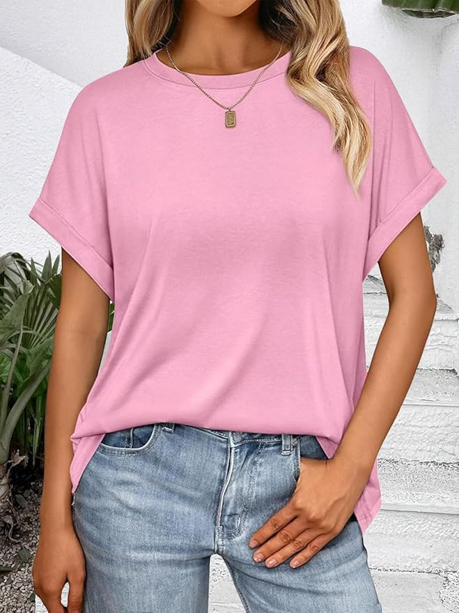 AUTOMET Women's Oversized Short Sleeve T Shirts Casual Drop Shoulder Rolled Cuff Summer Tops for Work, Travel and Lounge