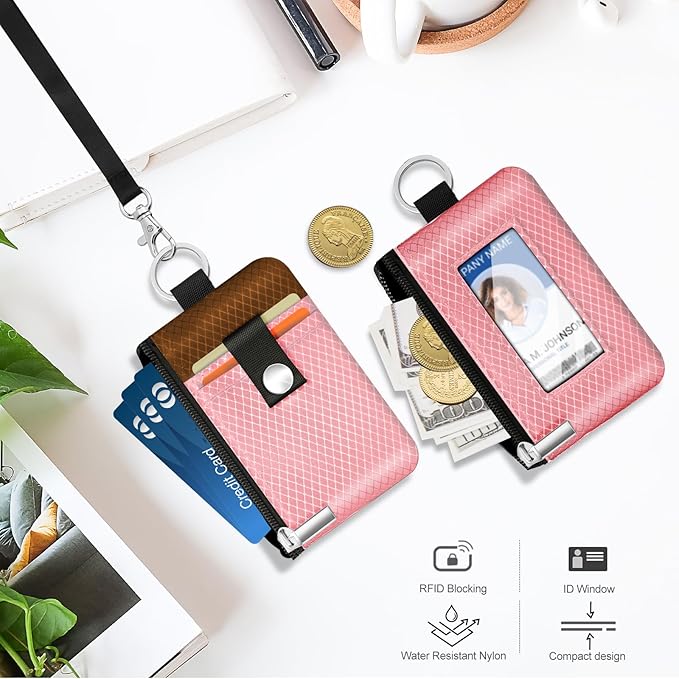 Minimalist RFID Blocking Small Wallet with ID Window,WaterResistant Zip Id Case Wallet with Lanyard Keychain for Cards,Cash,Travel,Women,Men (Pink/Brown)