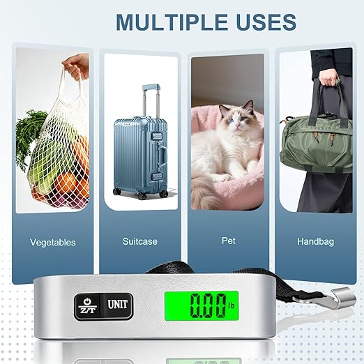 Digital Luggage Scale, 110lb Suitcase Weight Scale for Travel with Backlit LCD Display, 4-Unit Switching, Portable Hanging Baggage Scale for Luggage, Backpacks, Packages (Battery Included)
