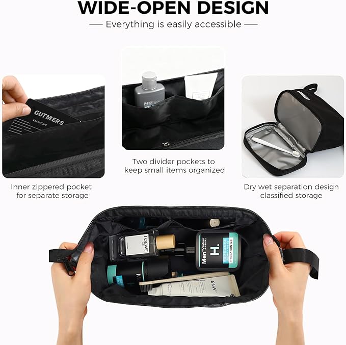 SINLAND Travel Toiletry Bag Water-resistant with Hanging Hook for Mens Large Packing with Waterproof Wet/Dry Compartment Travel Shower Bags Travel Toiletry Organizer Dopp Kit Shaving Bag