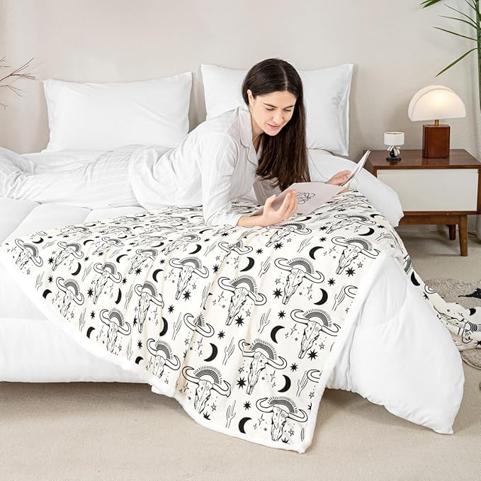 Western Cowboy Kids Throw Blanket,Cow Skull Cactus Tropical Plants Bed Blanket for Girls Boys Adults,Rainbow Moon Starry Sky Fleece Blanket,Rustic Chic Fuzzy Blanket,40 x 50 Inches