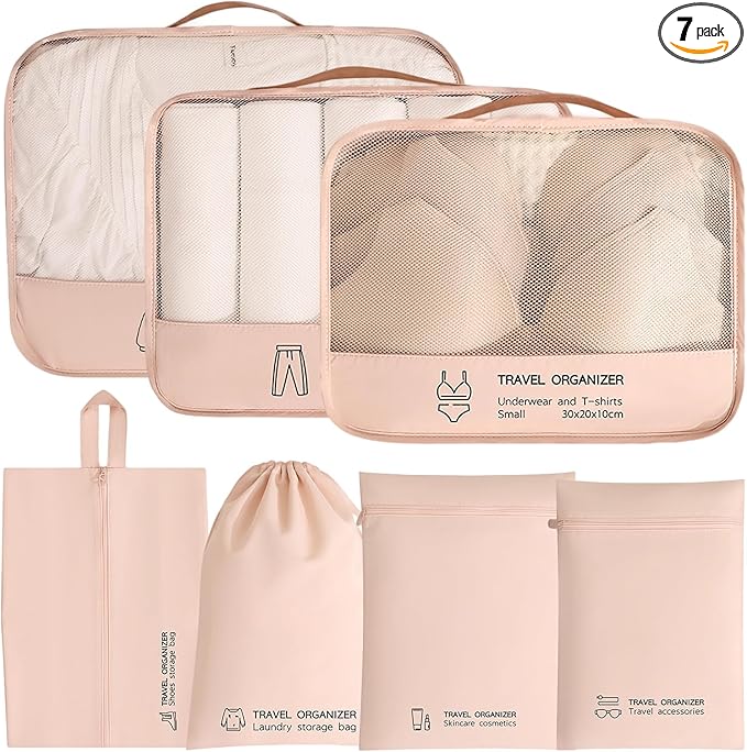 7PCS Packing Cubes for Travel Luggage Organizers Shoe & Toiletry Bag Light Packing Cubes Clothing Underwear Bag Accessories and Essentials for Mom & Women (Pink)