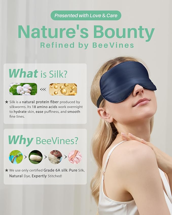 BeeVines Sleep Mask, 4 Packs 100% Real Natural Pure Silk Eye Masks with Adjustable Strap for Sleeping, Mulberry Silk Eye Sleep Shade Cover, Block Light Reduces Puffy Eyes Traveling Gifts(Blue)