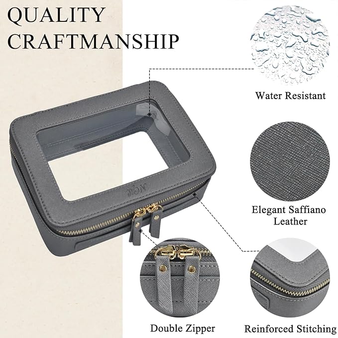 NGIL Clear Faux Leather Travel Toiletry Bag, Makeup Bag Organizer for Women, Clear Window & Gold Zipper Makeup Bag, Road Trip Essential, Skincare, Cruise Ship Essentials (Dark Silver)