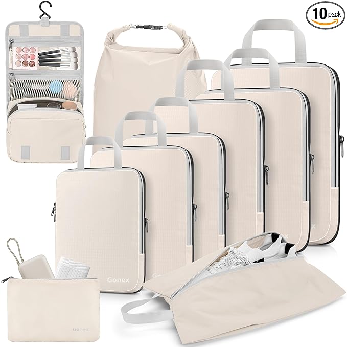 Gonex 10 Set Compression Packing Cubes, Expandable Storage Travel Bags for Suitcase, Luggage Organizers with Hanging Toiletry Bag Laundry Bag Shoe Bag Accessories Bag (Cream)
