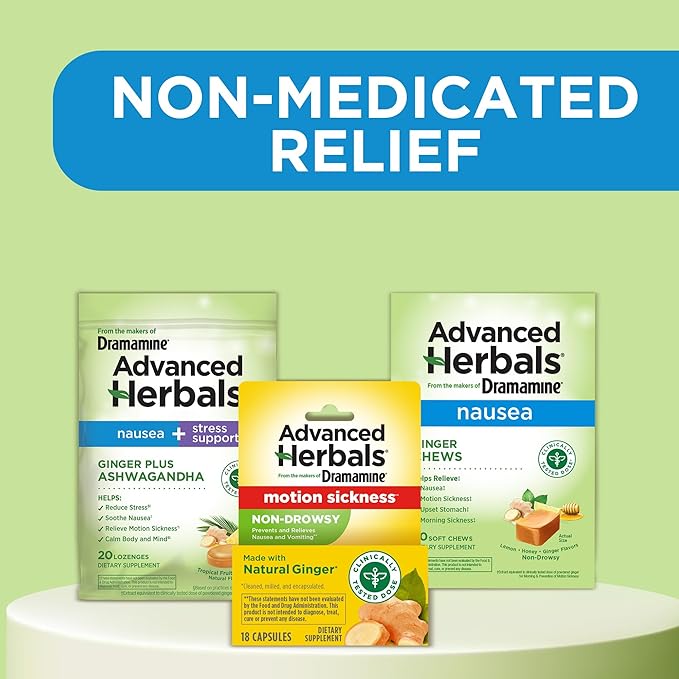 From the Makers of Dramamine, Advanced Herbals Ginger Chews for Nausea Relief, Morning Sickness Relief & Motion Sickness Relief During Travel, Lemon-Honey, 20 Count