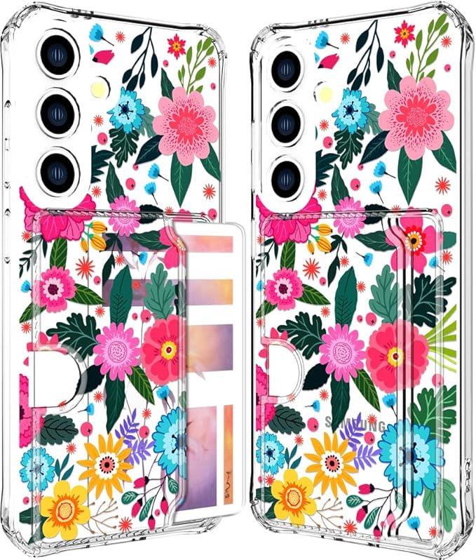 Compatible with Samsung Galaxy S24 / S25 Case Card Holder for Women Cute Design,Wallet Phone Cases Transparent Cool Kawaii Protective (Clear Floral Spring Blossom)