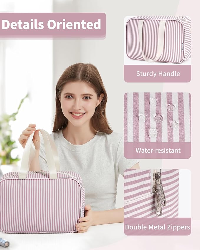 Full Size Toiletry Bag Women Large Cosmetic Bag Travel Makeup Bag Organizer Medicine Bag for Toiletries Essentials Accessories (Dusty Rose Stripe, Large)
