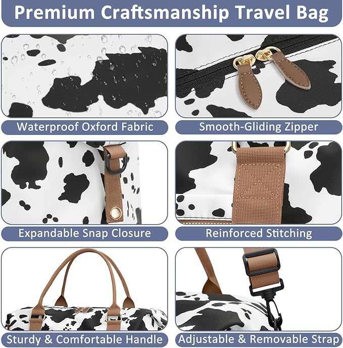 ELONGRIVER Travel Duffle Bag for Women, Weekender Bags, Hospital Bag for Labor Delivery, Lightweight Tote Duffel Overnight Bag with Luggage Sleeve, Airplane Travel Bags with Toiletry Bag, Large, Cow