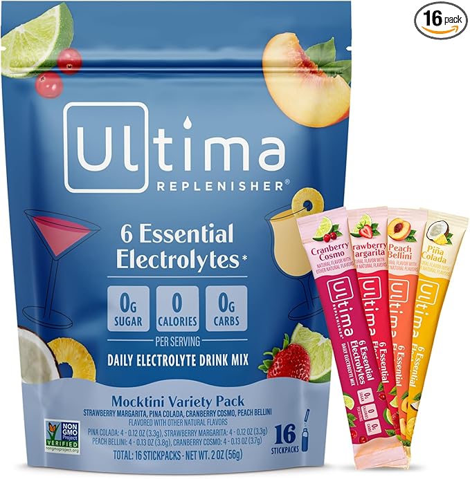 Ultima Replenisher Daily Electrolyte Powder – Mocktini Variety Pack, 16 Stickpacks – Zero Sugar Hydration Packets with 6 Electrolytes and Minerals – Sugar Free, Plant Based & Keto Friendly Drink Mix