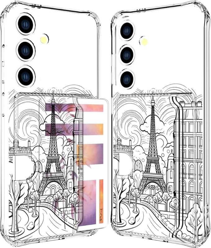 Compatible with Samsung Galaxy S24 / S25 Case Card Holder for Women Cute Design,Wallet Phone Cases Transparent Cool Kawaii Protective (Clear Paris City Eiffel Tower)