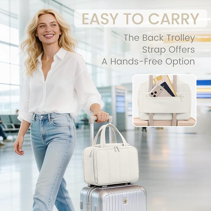 Travel Makeup Bag,Puffy Toiletry Bag for Women,Cosmetic Travel Bag Lightweight,Toiletries Organizer with Trolley Sleeve,White
