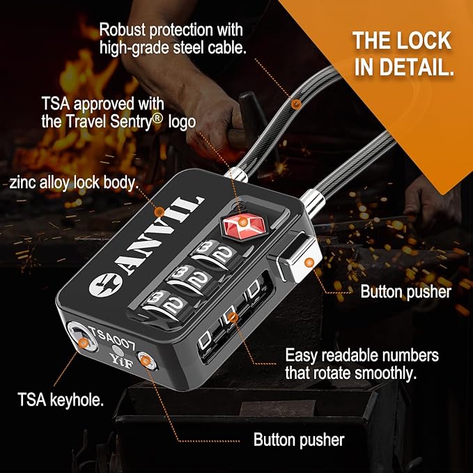 ANVIL TSA Locks for Luggage with Search Alert: Durable Cable Combination Locks, TSA Approved - Secure Travel Locks for Suitcases, Backpacks & Gun Cases (4, Black)