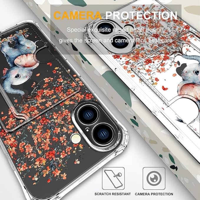Compatible with iPhone 16 Plus Case Card Holder for Women Cute Design,Wallet Phone Cases Transparent Cool Kawaii Protective (Clear Elephant Creating Flowers)