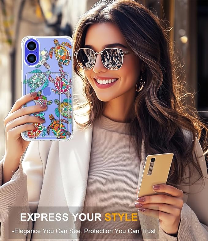 Compatible with iPhone 16 Plus Case Card Holder for Women Cute Design,Wallet Phone Cases Transparent Cool Kawaii Protective (Clear Sea Turtles Animal Tribal)