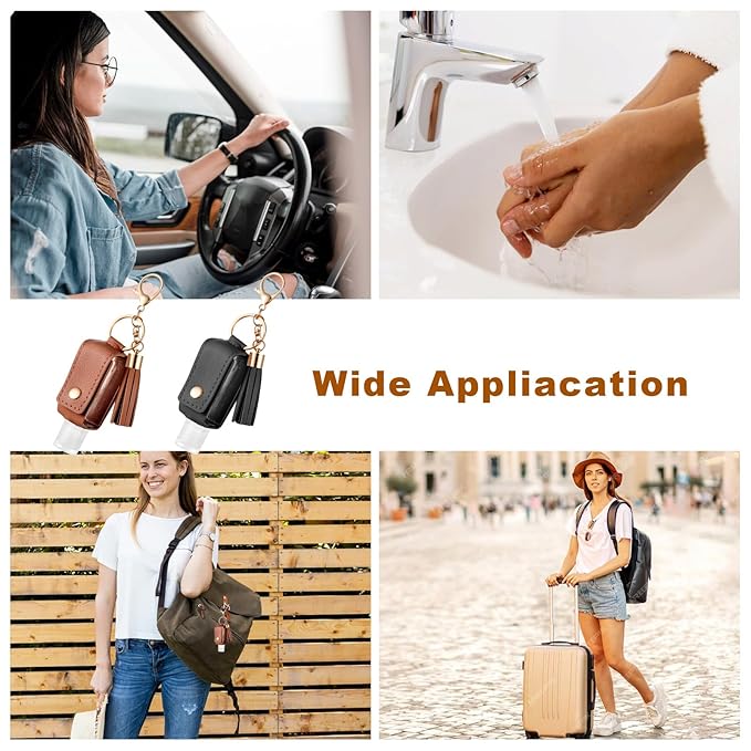 2Pcs Portable Leather Hand Sanitizer Holder, Travel Size Keychain Case Refillable Bottle for Toiletry Lotion Liquid Soap Shampoo (Black, Brown)