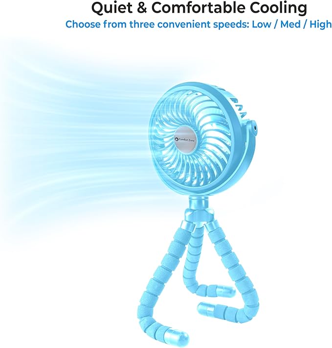 Comfort Zone Portable Stroller Fan – Rechargeable Battery Operated Clip-On Fan with 360° Flexible Tripod & LED Light – 3-Speed Cooling for Car Seats, Cribs, Treadmills & Travel – Light Blue