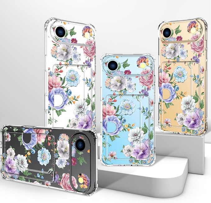 Compatible with iPhone 17 Air Case Card Holder for Women Cute Design,Wallet Phone Cases Transparent Cool Kawaii Protective (Clear Amazing Lovely Flowers)