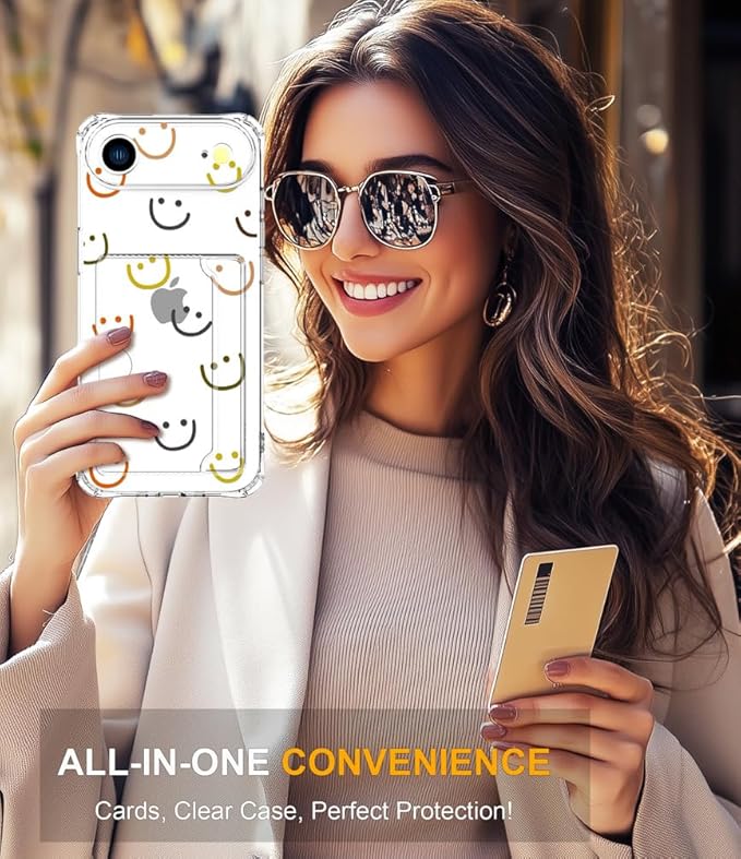Compatible with iPhone 17 Air Case Card Holder for Women Cute Design,Wallet Phone Cases Transparent Cool Kawaii Protective (Clear Smiley Face)