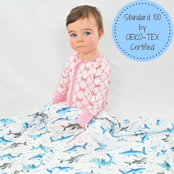 LollyBanks Baby Blanket for Boys, 100% Cotton Muslin Swaddle Blankets, 47 x 47 Inches Soft and Breathable Receiving Blankets, Cozy Newborn Swaddle, Baby Essentials, Registry (Shark Print)