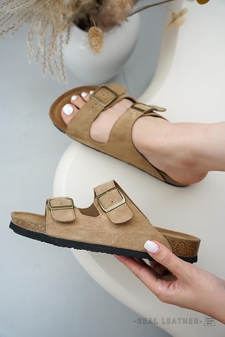 Project Cloud 100% Genuine Leather Flat Sandals For Women 2026 Cork Footbed Womens Sandals with Memory Foam and arch support Vacation Essentials Slides for Women Footwear (Venita)