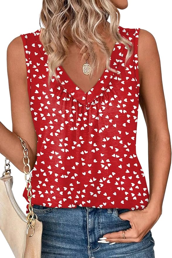 OFEEFAN Tank Top for Women Loose Fit Sleeveless Shirts V Neck Summer Clothes Ruched Women's Tees and Tanks Curved Hem