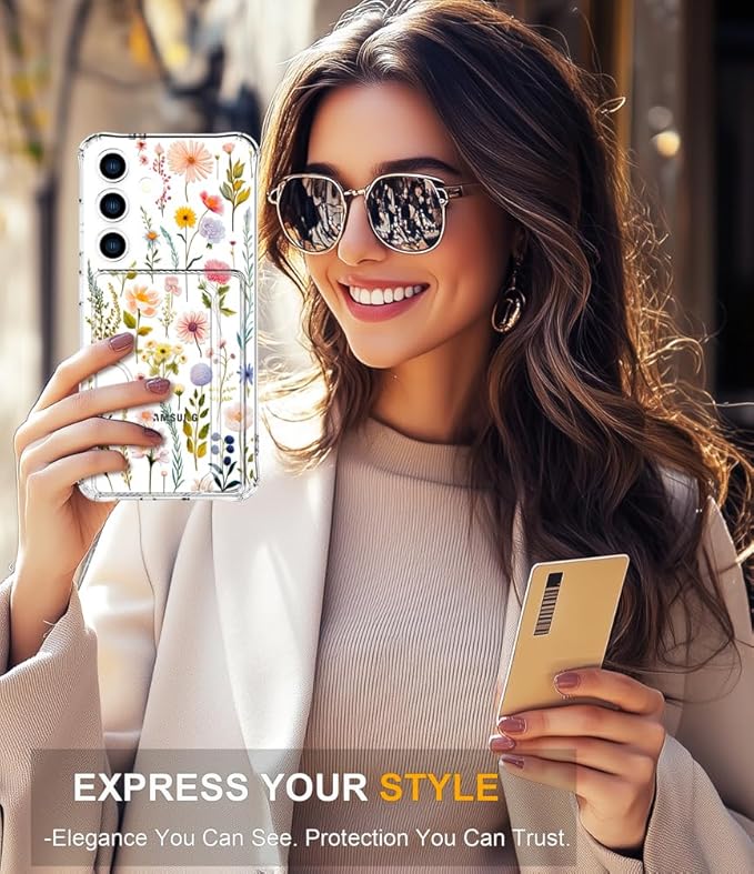 Compatible with Samsung Galaxy S24+ Plus / S25+ Plus Case Card Holder for Women Cute Design,Wallet Phone Cases Transparent Cool Kawaii Protective (Clear Watercolor Floral)