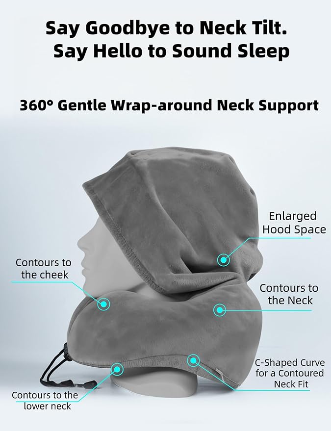 Travel Neck Pillow with Extra Large Hood Rollable Airplane Hooded Neck Pillow with Memory Foam Filling and Removable, Skin-Friendly Cover with Carrying Case & Pouch (Velvet)
