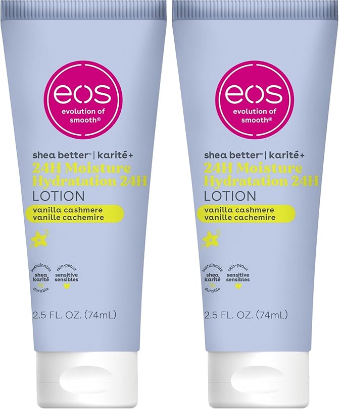 eos 24H Moisture Travel Body Lotion- Vanilla Cashmere,Travel Size Essential,Toiletries,Mini Body Lotion For Dry Skin,2.5 fl oz,(Pack of 2)