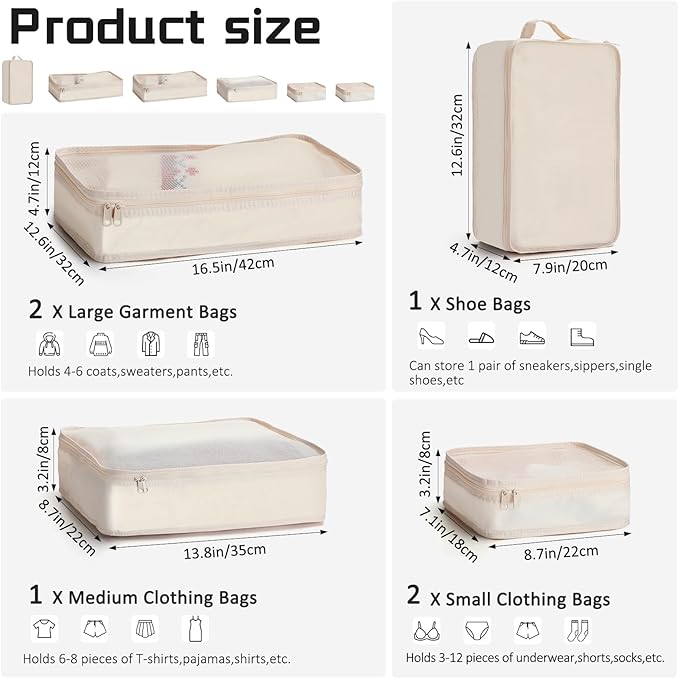 Reginary 1 Pack 6 Set Travel Packing Cubes Luggage Organizer Set Lightweight Suitcase with Shoe Bag for Clothes Toiletries (Beige)