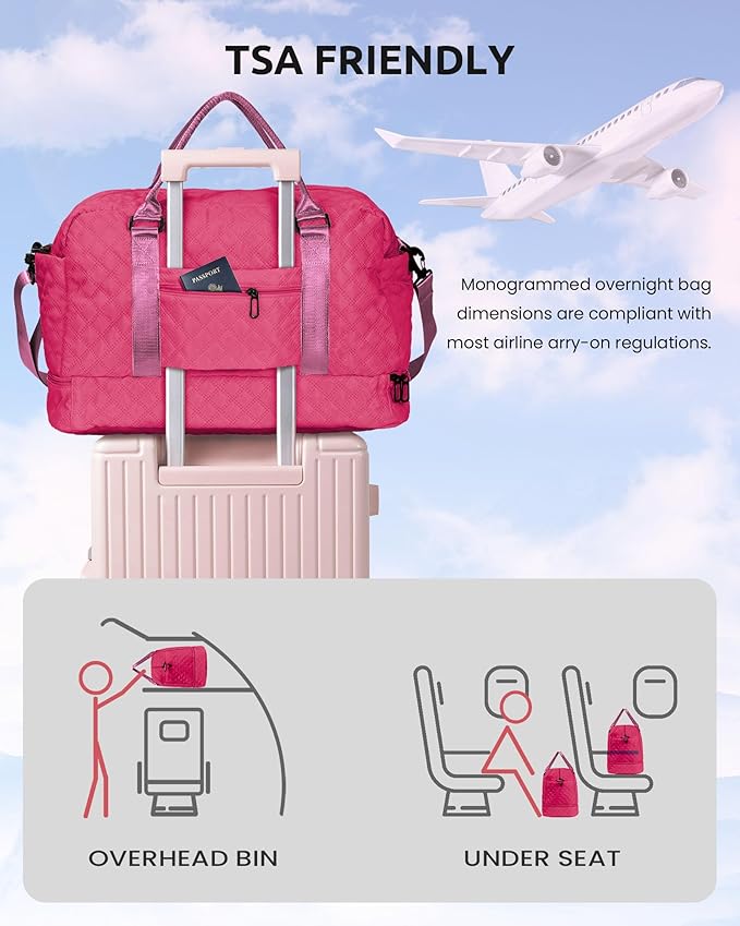 Gifts for College Girls, Personalized Initial Travel Bag with Shoe Compartment, Hot Pink, 12" x 7" x 2"
