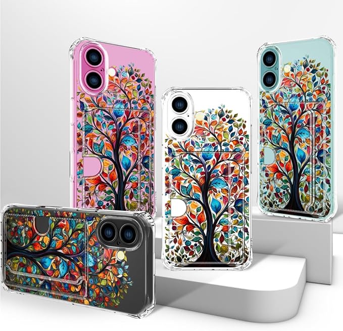 Compatible with iPhone 16 Plus Case Card Holder for Women Cute Design,Wallet Phone Cases Transparent Cool Kawaii Protective (Clear Tree Colorful Leaves)