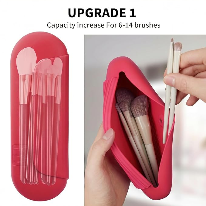 AGIKET Silicone Makeup Brush Holder Travel Cosmetic Bag：Soft Portable Cosmetic Face Brushes Holder with Upgrade Anti-Fall Out Magnetic Closure, Large Travel Makeup Brush Case - Carmine