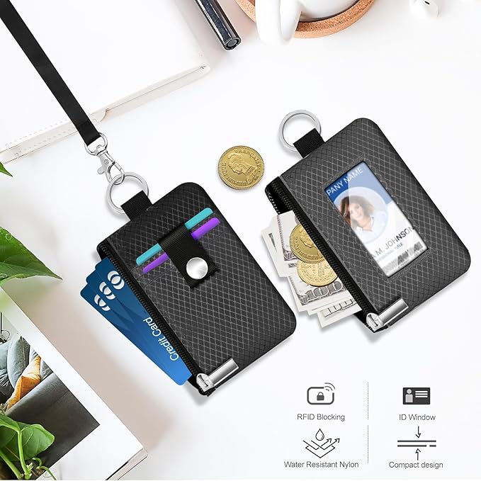 Minimalist RFID Blocking Small Wallet with ID Window,WaterResistant Zip Id Case Wallet with Lanyard Keychain for Cards,Cash,Travel,Women,Men (DarkGrey/Black)