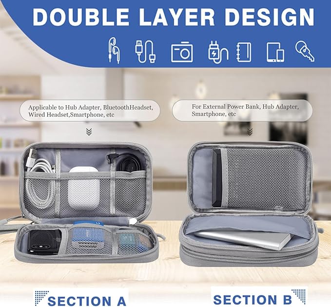 CAAORDKSO Travel Organizer Pouch Electronic Accessories Carry Case Portable Waterproof Double Layers Storage Bag for Cable, Cord, Charger, Phone, Power Bank, Earphone, Hard Drive (Light Grey, Large)