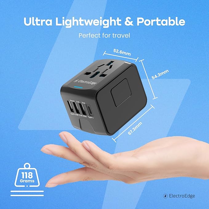 Universal Travel Adapter with 3USBA + 1USBC Port, All-in-1 Worldwide Travel Adapter | European to UK Plug Adaptor | International Travel Plug Adapter for US/EU/AUS/UK