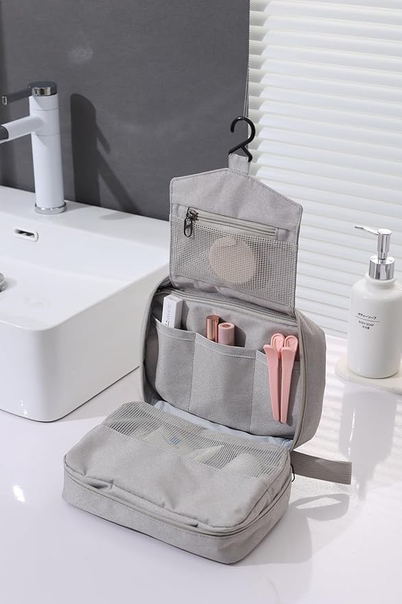 FabDay Travel Toiletry Bag with Hanging Hook Water-Resistant Cosmetic Case Makeup Bag Portable, Travel-Sized Container for Men, Silver Gray