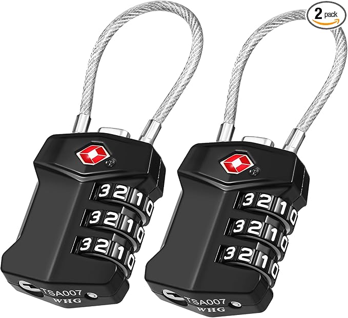 ZHEGE TSA Approved Locks for Luggage, 3 Digit Resettable Keyless Cable Locks with Zinc Alloy Body, Easy to Read White Numbers, for Suitcase, Backpack, Bag, Toolbox, Gym Locker (Black, 2 Pack)