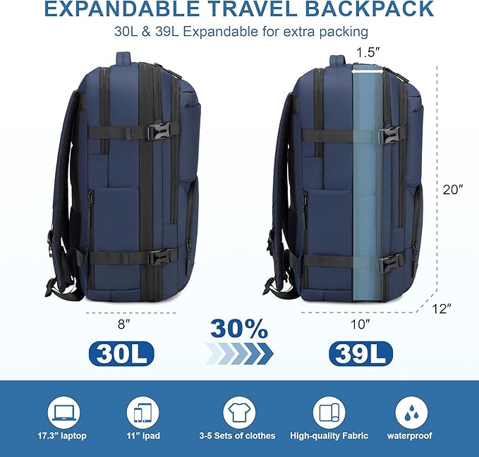 BAGOK Carry On Travel Backpack, 35L-40L Expandable Extra Large Airline Approved,Lightweight Daypack for Men and Women（Blue）