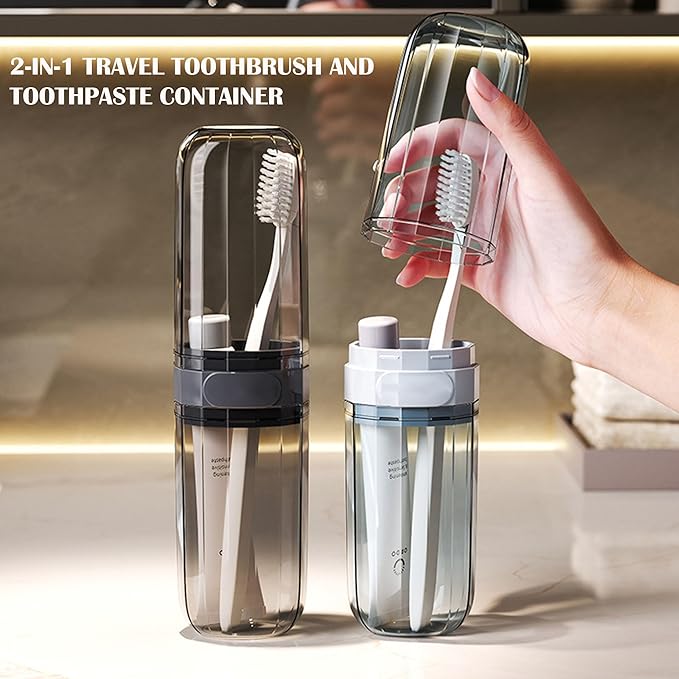 2-in-1 Travel Toothbrush Case, Portable Toothbrush and Toothpaste Travel Casae, Clear Toothbrush Holder Container with Rinse Cup for Traveling Camping School Dorm Bathroom